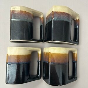 Rodolfo Padilla Signed Coffee Mugs Set of 4 Blue Brown Drip Glaze Stacking VTG